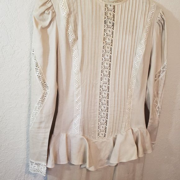 Jessica McClintock Vintage Beige Linen Peplum Ruffle Dress Exquisite, Sz 6 - Picture 7 of 16